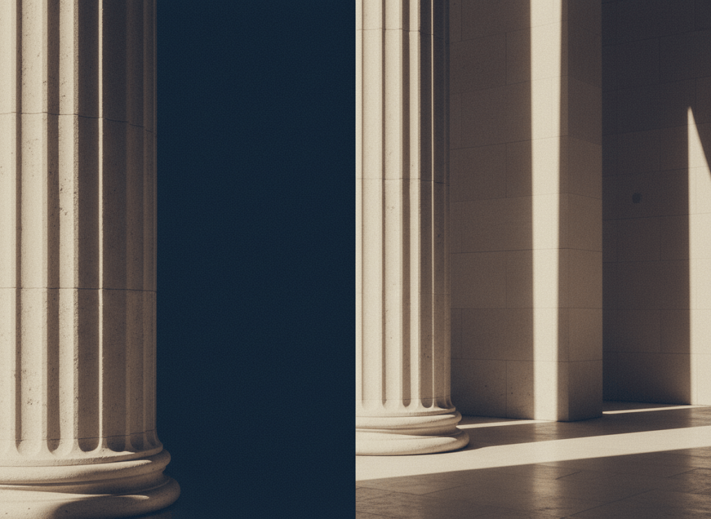 Abstract image of classical stone columns in deep navy blue light